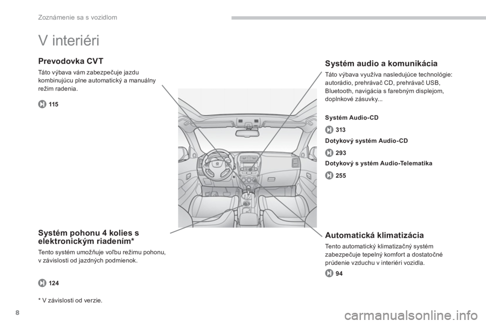 PEUGEOT 4008 2014 Návod na použitie (in Slovakian) 8
Zoznámenie sa s vozidlom
V interiéri
Systém pohonu 4 kolies s
elektronickým riadením *
Tento systém umožňuje voľbu režimu pohonu,
v závislosti od jazdných podmienok.
PEUGEOT 4008 2014 Návod na použitie (in Slovakian) 8
Zoznámenie sa s vozidlom
V interiéri
Systém pohonu 4 kolies s
elektronickým riadením *
Tento systém umožňuje voľbu režimu pohonu,
v závislosti od jazdných podmienok.