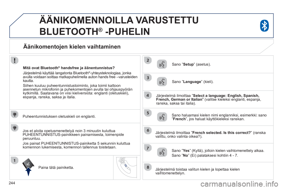 PEUGEOT 4008 2014  Omistajan Käsikirja (in Finnish) 244
   
 
 
 
ÄÄNIKOMENNOILLA VARUSTETTU 
BLUETOOTH 
®  -PUHELIN 
   
Puheentunnistuksen oletuskieli on englanti.  
Paina tätä painiketta.  
 
 
 
    
Sano ” Setup 
” (asetus).  
   
Sano 