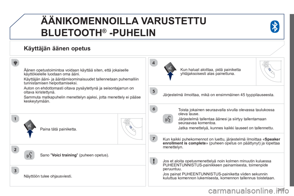 PEUGEOT 4008 2014  Omistajan Käsikirja (in Finnish) 245
   
 
 
 
ÄÄNIKOMENNOILLA VARUSTETTU 
BLUETOOTH 
®   -PUHELIN 
 
 
 
 
 
 
 
 
 
Käyttäjän äänen opetus 
 
 
Äänen opetustoimintoa voidaan käyttää siten, että jokaiselle 
käyttökie