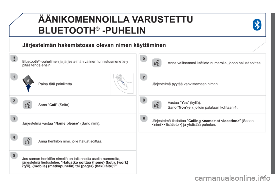 PEUGEOT 4008 2014  Omistajan Käsikirja (in Finnish) 251
   
 
 
 
ÄÄNIKOMENNOILLA VARUSTETTU 
BLUETOOTH 
®   -PUHELIN 
 
 
Sano " Call 
" (Soita).  
   
Järjestelmä vastaa " Name please 
" (Sano nimi).  
 
 
 
 
 
 
 
 
 
 
Järjestelmän hakemist