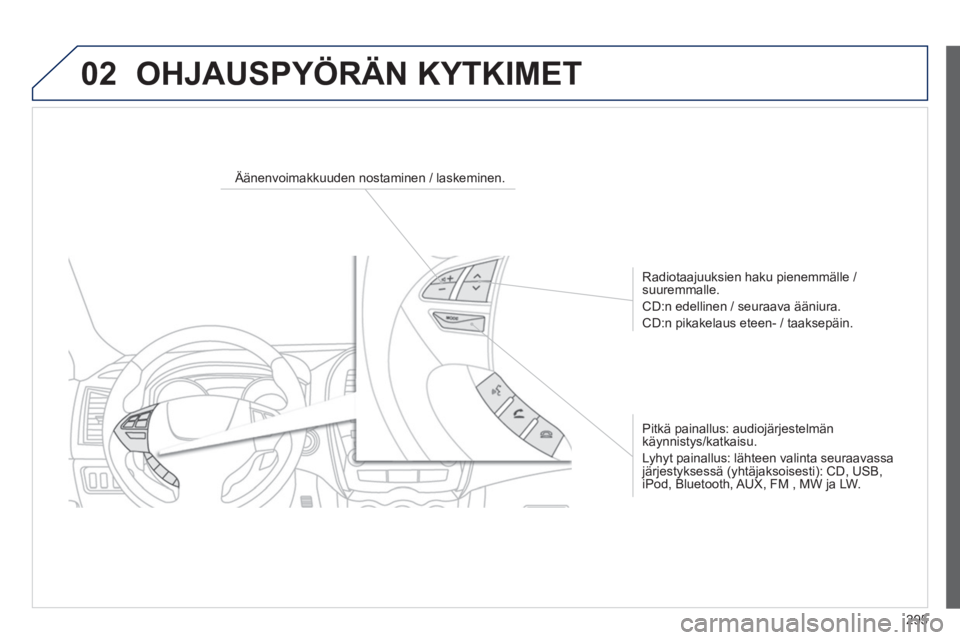 PEUGEOT 4008 2014  Omistajan Käsikirja (in Finnish) 295
02  OHJAUSPYÖRÄN KYTKIMET 
 
 
 
 
 
 
 
 
Äänenvoimakkuuden nostaminen / laskeminen.  
   
Radiotaajuuksien haku pienemmälle / 
suuremmalle. 
  CD:n edellinen / seuraava ääniura. 
  CD:n p