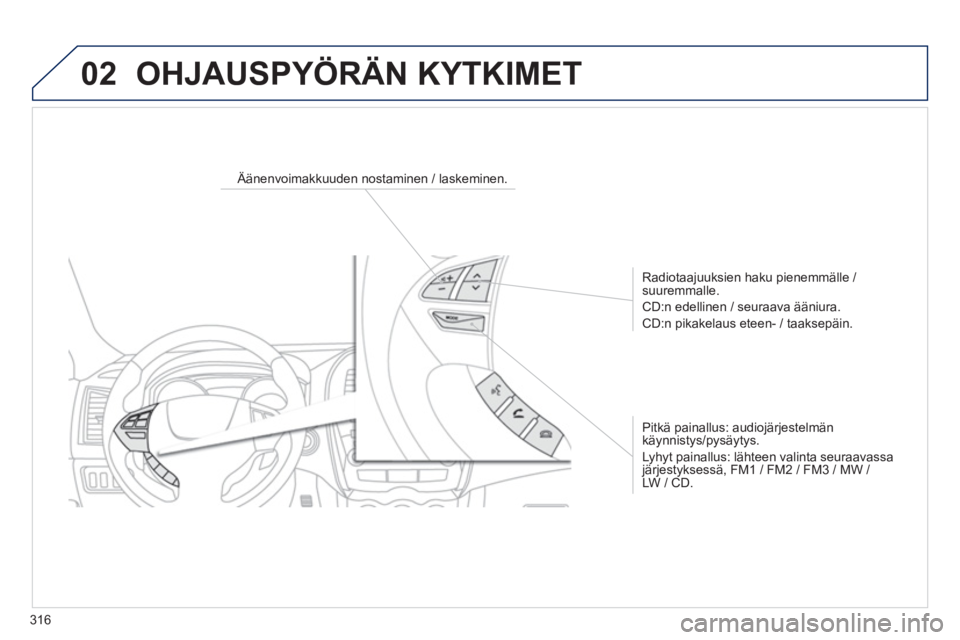PEUGEOT 4008 2014  Omistajan Käsikirja (in Finnish) 316
02  OHJAUSPYÖRÄN KYTKIMET 
 
 
 
 
 
 
 
 
Äänenvoimakkuuden nostaminen / laskeminen.  
   
Radiotaajuuksien haku pienemmälle / 
suuremmalle. 
  CD:n edellinen / seuraava ääniura. 
  CD:n p