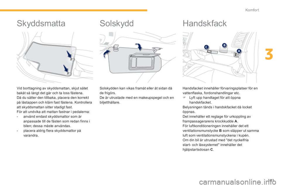 PEUGEOT 4008 2014  Bruksanvisningar (in Swedish) 101
3
Komfor t
   
 
 
 
 
 
 
 
 
 
 
Skyddsmatta 
 
 
Vid borttagning av skyddsmattan, skjut sätet 
bakåt så långt det går och ta loss fästena. 
  Då du sätter den tillbaka, placera den korr