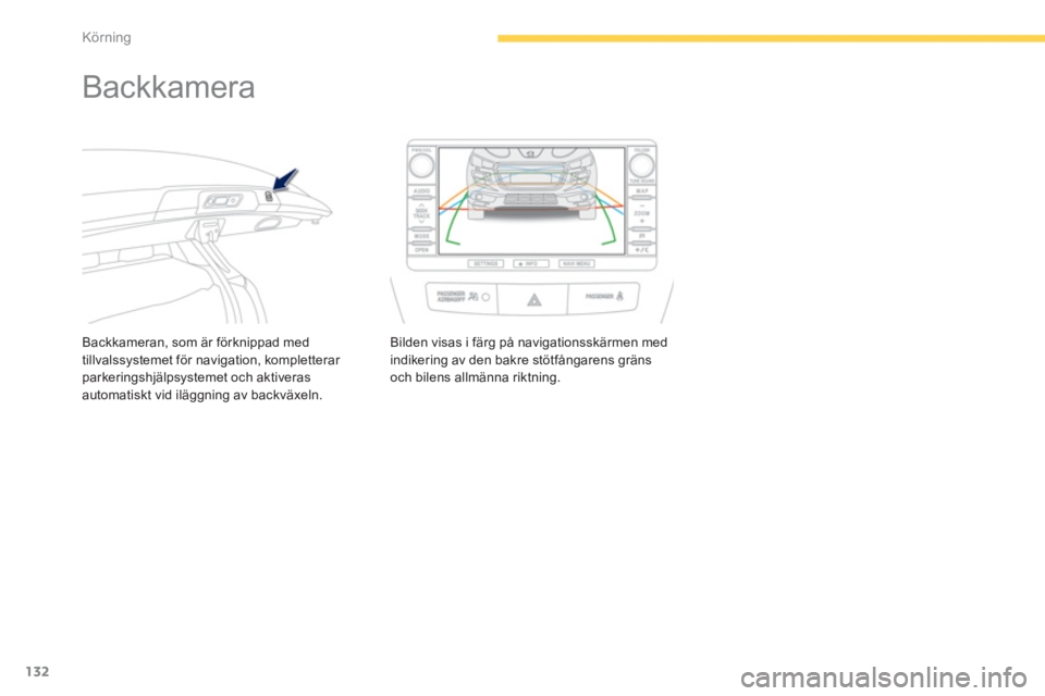 PEUGEOT 4008 2014  Bruksanvisningar (in Swedish) 132
Körning
   
 
 
 
 
Backkamera 
 
 
Backkameran, som är förknippad med 
tillvalssystemet för navigation, kompletterar 
parkeringshjälpsystemet och aktiveras 
automatiskt vid iläggning av bac
