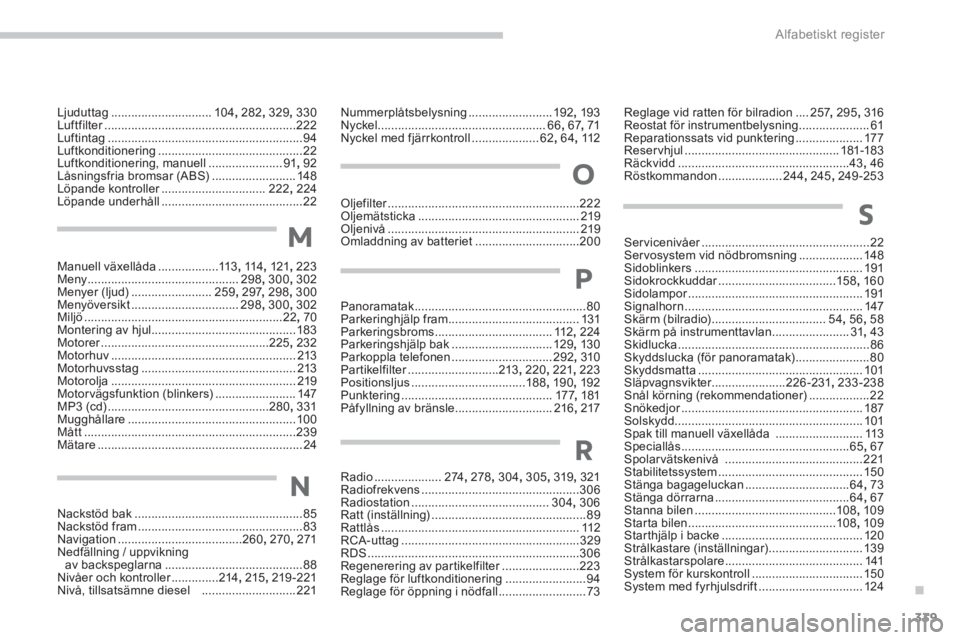 PEUGEOT 4008 2014  Bruksanvisningar (in Swedish) .
339 Alfabetiskt register
Ljuduttag .............................. 104, 282, 329, 330
Luftfilter .........................................................222
Luftintag ............................... PEUGEOT 4008 2014  Bruksanvisningar (in Swedish) .
339 Alfabetiskt register
Ljuduttag .............................. 104, 282, 329, 330
Luftfilter .........................................................222
Luftintag ...............................