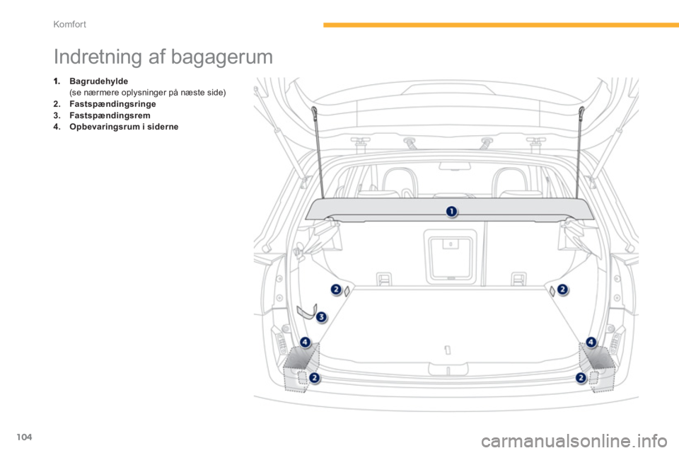 PEUGEOT 4008 2012  Brugsanvisning (in Danish) 104
Komfor t
   
 
 
 
 
 
 
 
 
 
 
 
 
 
Indretning af bagagerum 
Bagrudehylde(se nærmere oplysninger på næste side) 2.Fastspændingsringe
3.Fastspændingsrem4.Opbevaringsrum i siderne 