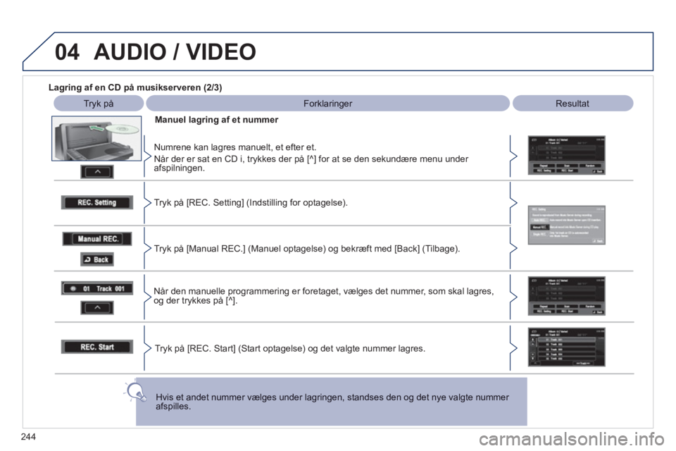 PEUGEOT 4008 2012 Brugsanvisning (in Danish) 244
04 AUDIO / VIDEO
Lagring af en CD på musikserveren (2/3)
Tryk på Forklaringer
Resultat
Manuel la
gring af et nummer
Numrene kan la
gres manuelt, et efter et.
Når der er s PEUGEOT 4008 2012 Brugsanvisning (in Danish) 244
04 AUDIO / VIDEO
Lagring af en CD på musikserveren (2/3)
Tryk på Forklaringer
Resultat
Manuel la
gring af et nummer
Numrene kan la
gres manuelt, et efter et.
Når der er s