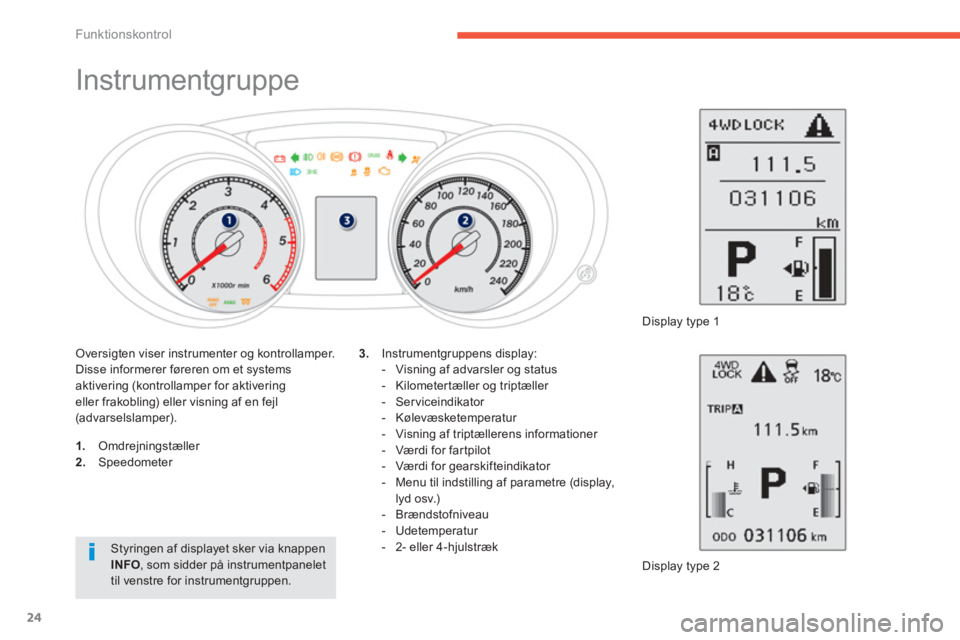 PEUGEOT 4008 2012 Brugsanvisning (in Danish) 24
Funktionskontrol
Instrumentgruppe
1.
Omdrejningstæller 2.
Speedometer
Displa
y type 2
3.
Instrumentgruppens display:
- Visning af advarsler PEUGEOT 4008 2012 Brugsanvisning (in Danish) 24
Funktionskontrol
Instrumentgruppe
1.
Omdrejningstæller 2.
Speedometer
Displa
y type 2
3.
Instrumentgruppens display:
- Visning af advarsler