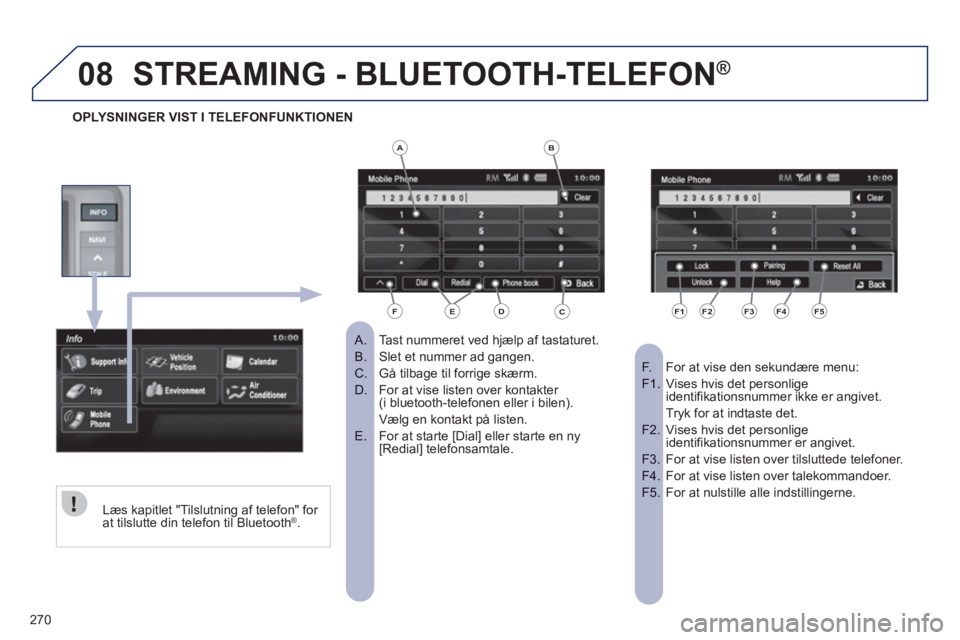 PEUGEOT 4008 2012 Brugsanvisning (in Danish) 270
08STREAMING - BLUETOOTH-TELEFON®
Tast nummeret ved hjælp af tastaturet.
A.
Slet et nummer ad gangen. B.
Gå tilbage til forrige skærm.C.
For at vise listen over kontakter D. (i b PEUGEOT 4008 2012 Brugsanvisning (in Danish) 270
08STREAMING - BLUETOOTH-TELEFON®
Tast nummeret ved hjælp af tastaturet.
A.
Slet et nummer ad gangen. B.
Gå tilbage til forrige skærm.C.
For at vise listen over kontakter D. (i b