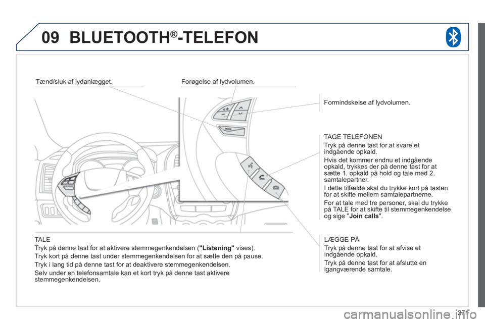 PEUGEOT 4008 2012 Brugsanvisning (in Danish) 271
09BLUETOOTH®-TELEFON
TALE
Tryk på denne tast for at aktivere stemmegenkendelsen (
"Listening" vises).
Tr
yk kort på denne tast under stemmegenkendelsen for at sætte den på pause.
Tr PEUGEOT 4008 2012 Brugsanvisning (in Danish) 271
09BLUETOOTH®-TELEFON
TALE
Tryk på denne tast for at aktivere stemmegenkendelsen (
"Listening" vises).
Tr
yk kort på denne tast under stemmegenkendelsen for at sætte den på pause.
Tr