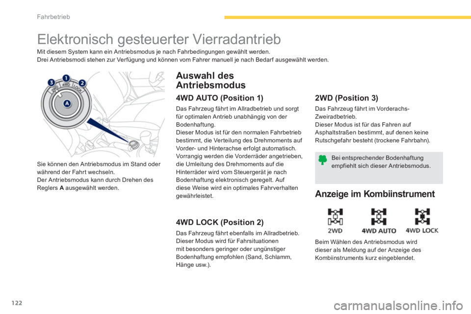 PEUGEOT 4008 2012  Betriebsanleitungen (in German) 122
Fahrbetrieb
   
 
 
 
 
Elektronisch gesteuerter Vierradantrieb 
Mit diesem System kann ein Antriebsmodus je nach Fahrbedingungen gewählt werden. 
Drei Antriebsmodi stehen zur Verfügung und kön