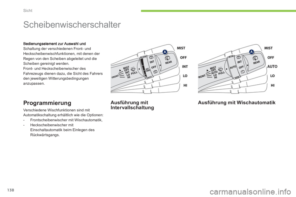 PEUGEOT 4008 2012  Betriebsanleitungen (in German) 138
Sicht
Schaltung der verschiedenen Front- undHeckscheibenwischfunktionen, mit denen der Regen von den Scheiben abgeleitet und die Scheiben gereinigt werden. 
Front- und Heckscheibenwischer des
Fahr