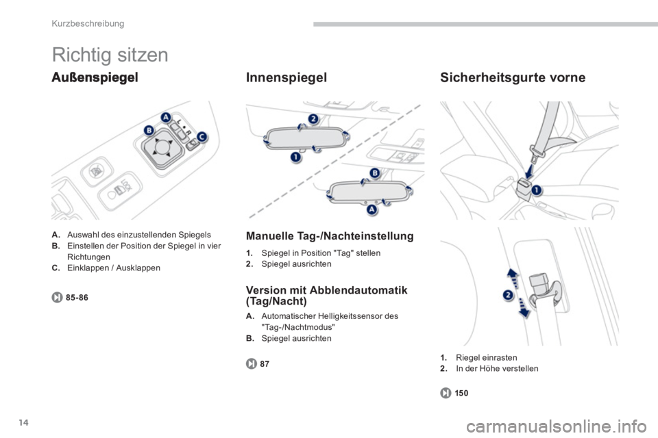 PEUGEOT 4008 2012  Betriebsanleitungen (in German) 14
Kurzbeschreibung
  Richtig sitzen 
A. 
  Auswahl des einzustellenden SpiegelsB.Einstellen der Position der Spiegel in vier 
Richtungen C.Einklappen / Ausklappen
85-86
   
Innenspiegel
 
 
Manuelle 