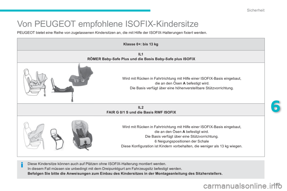 PEUGEOT 4008 2012  Betriebsanleitungen (in German) 165
6
Sicherheit
   
 
 
 
 
 
 
 
 
 
 
 
 
 
 
 
Von PEUGEOT empfohlene ISOFIX-Kindersitze 
 
Diese Kindersitze können auch auf Plätzen ohne ISOFIX-Halterung montiert werden. 
In diesem Fall müss