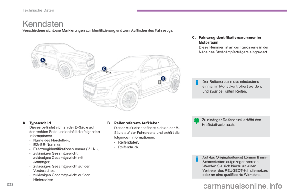 PEUGEOT 4008 2012  Betriebsanleitungen (in German) 222
Technische Daten
   
 
 
 
 
 
 
 
 
 
 
 
 
 
 
 
 
 
 
 
Kenndaten Verschiedene sichtbare Markierungen zur Identifizierung und zum Auffinden des Fahrzeugs.  
A.Typenschild.Dieses befindet sich a