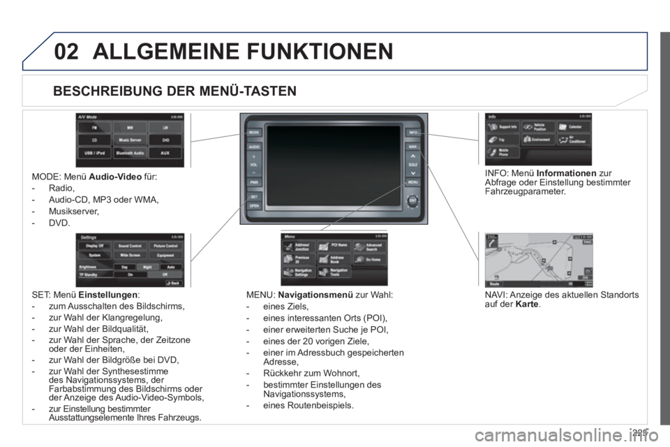 PEUGEOT 4008 2012  Betriebsanleitungen (in German) 225
02ALLGEMEINE FUNKTIONEN
MODE: Menü  Audio-Videofür: 
-  Radio, 
-  Audio-
CD, MP3 oder WMA,
-  Musikserver, 
-
DVD.
MENU:  Navigationsmenüzur Wahl: 
-  eines Ziels, 
-  eines interessanten 
Ort