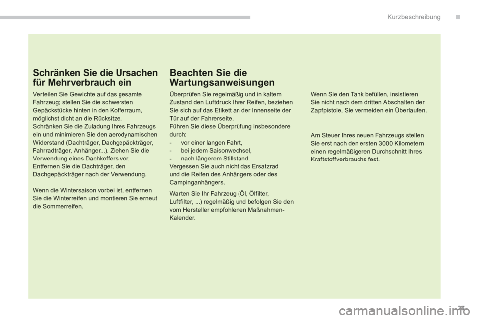 PEUGEOT 4008 2012 Betriebsanleitungen (in German) .
23
Kurzbeschreibung
Schränken Sie die Ursachen
für Mehrverbrauch ein
Ver teilen Sie Gewichte auf das gesamte Fahr zeug; stellen Sie die schwerstenGepäckstücke hinten in den Kofferraum,möglich PEUGEOT 4008 2012 Betriebsanleitungen (in German) .
23
Kurzbeschreibung
Schränken Sie die Ursachen
für Mehrverbrauch ein
Ver teilen Sie Gewichte auf das gesamte Fahr zeug; stellen Sie die schwerstenGepäckstücke hinten in den Kofferraum,möglich