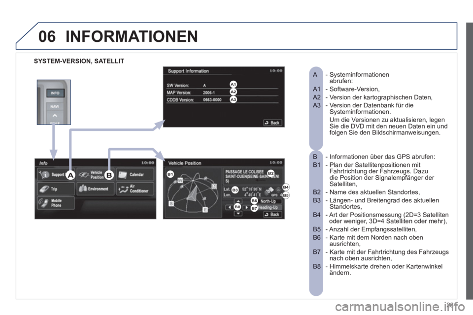 PEUGEOT 4008 2012 Betriebsanleitungen (in German) 261
06INFORMATIONEN
SYSTEM-VERSION, SATELLIT
A - Systeminformationenabrufen:
A1 - Software-Version,
- Version der kartographischen Daten,
A2
- Version der Datenbank für die
A3 Systeminf PEUGEOT 4008 2012 Betriebsanleitungen (in German) 261
06INFORMATIONEN
SYSTEM-VERSION, SATELLIT
A - Systeminformationenabrufen:
A1 - Software-Version,
- Version der kartographischen Daten,
A2
- Version der Datenbank für die
A3 Systeminf