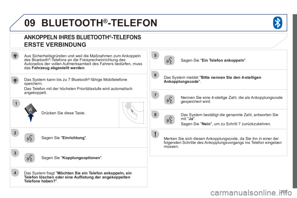 PEUGEOT 4008 2012 Betriebsanleitungen (in German) 275
09
1
3
6
8
2
5
7
4
BLUETOOTH® -TELEFON®
Aus Sicherheitsgründen und weil die Maßnahmen zum Ankoppelndes Bluetooth®-Telefons an die Freisprecheinrichtung des ®
Autoradios der vollen Aufme PEUGEOT 4008 2012 Betriebsanleitungen (in German) 275
09
1
3
6
8
2
5
7
4
BLUETOOTH® -TELEFON®
Aus Sicherheitsgründen und weil die Maßnahmen zum Ankoppelndes Bluetooth®-Telefons an die Freisprecheinrichtung des ®
Autoradios der vollen Aufme