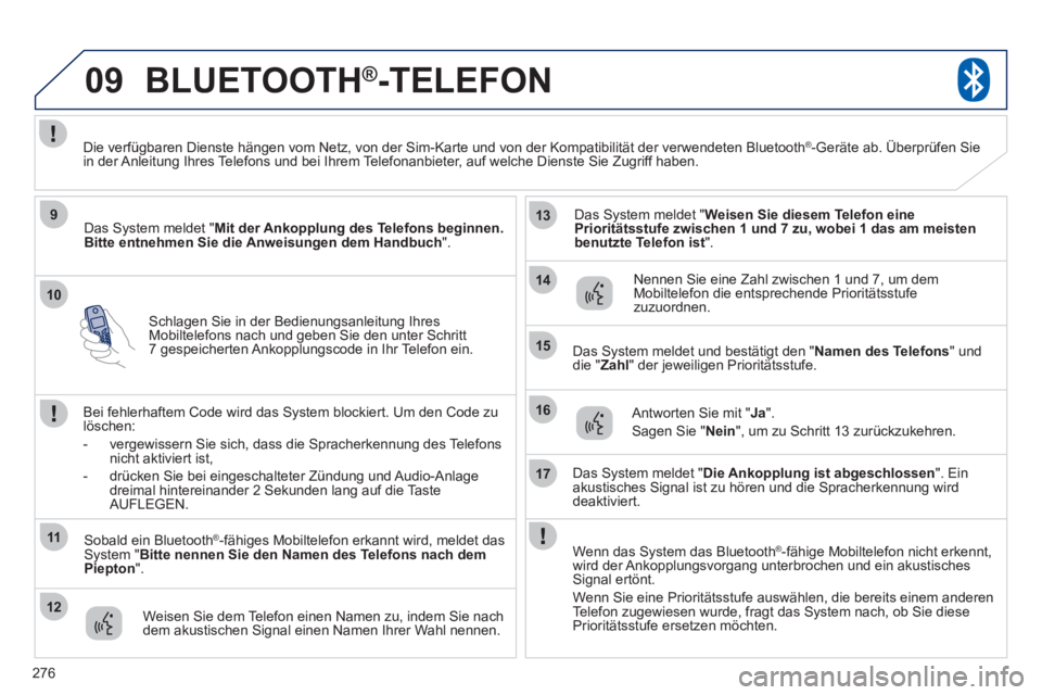 PEUGEOT 4008 2012 Betriebsanleitungen (in German) 276
10
09
9
11
12
13
14
15
16
17
Schlagen Sie in der Bedienungsanleitung IhresMobiltelefons nach und geben Sie den unter Schritt7 gespeicherten Ankopplungscode in Ihr Telefon ein.
BLUETOOTH®
-TELE PEUGEOT 4008 2012 Betriebsanleitungen (in German) 276
10
09
9
11
12
13
14
15
16
17
Schlagen Sie in der Bedienungsanleitung IhresMobiltelefons nach und geben Sie den unter Schritt7 gespeicherten Ankopplungscode in Ihr Telefon ein.
BLUETOOTH®
-TELE