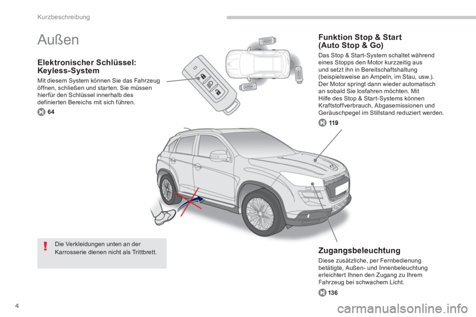 PEUGEOT 4008 2012  Betriebsanleitungen (in German) 4
Kurzbeschreibung
Elektronischer Schlüssel:Keyless-System 
Mit diesem System können Sie das Fahrzeugöffnen, schließen und starten. Sie müssenhier für den Schlüssel innerhalb des definierten Be