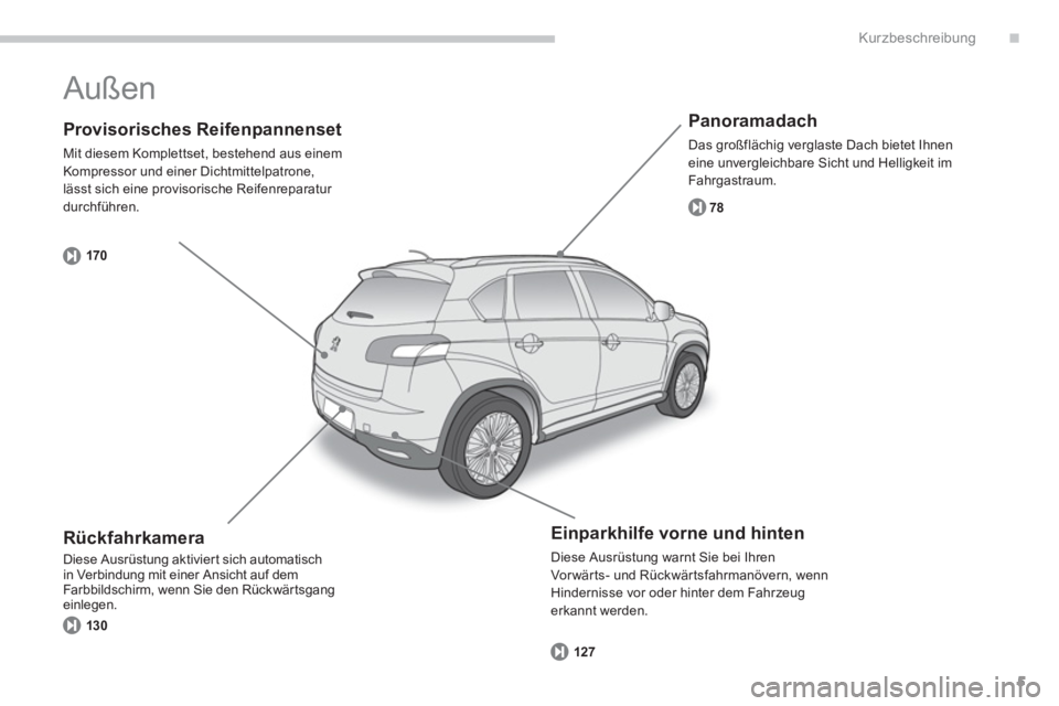 PEUGEOT 4008 2012  Betriebsanleitungen (in German) .
5
Kurzbeschreibung
   
Provisorisches Reifenpannenset
 
Mit diesem Komplettset, bestehend aus einem
Kompressor und einer Dichtmittelpatrone, 
lässt sich eine provisorische Rei
fenreparatur durchfü