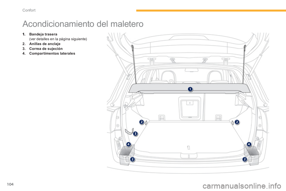 PEUGEOT 4008 2012  Manual del propietario (in Spanish) 104
Confort
   
 
 
 
 
 
 
 
 
 
 
 
 
 
Acondicionamiento del maletero 
Bandeja trasera(ver detalles en la página siguiente) 2.Anillas de anclaje
3.Correa de sujeción4.Compartimentos laterales 