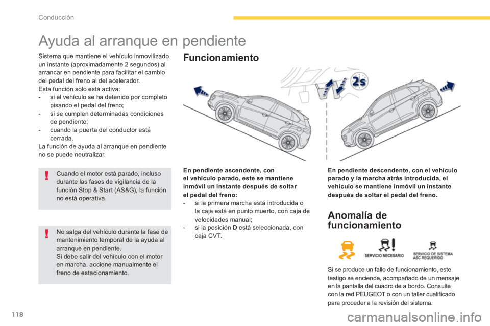 PEUGEOT 4008 2012  Manual del propietario (in Spanish) 118
Conducción
   
 
 
 
 
Ayuda al arranque en pendiente 
Sistema que mantiene el vehículo inmovilizado
un instante (aproximadamente 2 segundos) al arrancar en pendiente para facilitar el cambio 
d