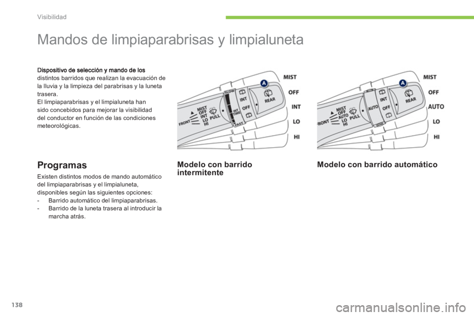 PEUGEOT 4008 2012  Manual del propietario (in Spanish) 138
Visibilidad
distintos barridos que realizan la evacuación de 
la lluvia y la limpieza del parabrisas y la luneta 
trasera.
El limpiaparabrisas y el limpialuneta han sido concebidos para mejorar l