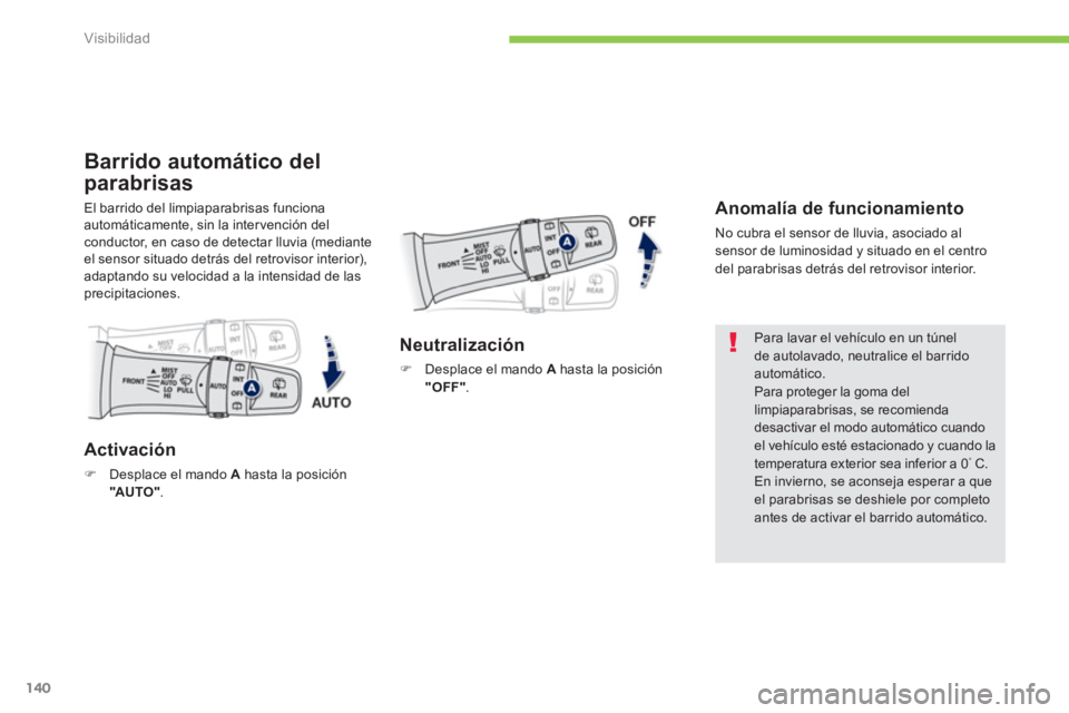PEUGEOT 4008 2012 Manual del propietario (in Spanish) 140
Visibilidad
Barrido automático del
parabrisas
El barrido del limpiaparabrisas funciona automáticamente, sin la inter vención delconductor, en caso de detectar lluvia (mediante el sensor situa PEUGEOT 4008 2012 Manual del propietario (in Spanish) 140
Visibilidad
Barrido automático del
parabrisas
El barrido del limpiaparabrisas funciona automáticamente, sin la inter vención delconductor, en caso de detectar lluvia (mediante el sensor situa