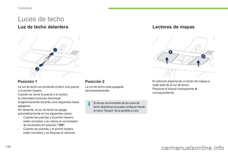 PEUGEOT 4008 2012 Manual del propietario (in Spanish) 142
Visibilidad
Luces de techo
Luz de techo delantera
Posición 1
La luz de techo se enciende al abrir una puerta
o el por tón trasero.
Cuando se cierra la puerta o el por PEUGEOT 4008 2012 Manual del propietario (in Spanish) 142
Visibilidad
Luces de techo
Luz de techo delantera
Posición 1
La luz de techo se enciende al abrir una puerta
o el por tón trasero.
Cuando se cierra la puerta o el por