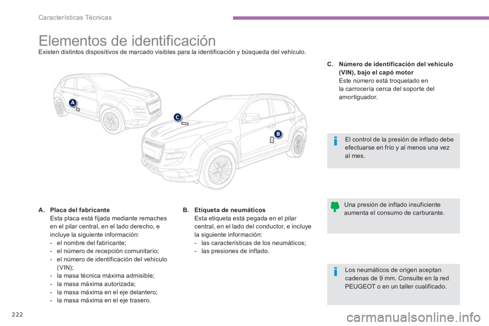 PEUGEOT 4008 2012 Manual del propietario (in Spanish) 222
Características Técnicas
Elementos de identificación Existen distintos dispositivos de marcado visibles para la identificación y búsqueda del vehícu PEUGEOT 4008 2012 Manual del propietario (in Spanish) 222
Características Técnicas
Elementos de identificación Existen distintos dispositivos de marcado visibles para la identificación y búsqueda del vehícu