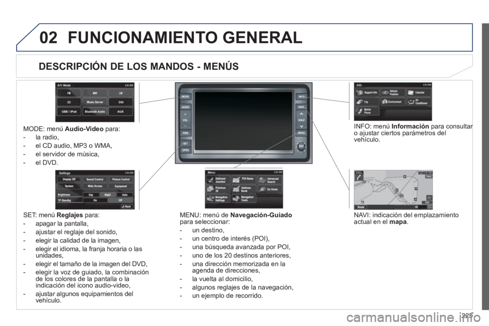 PEUGEOT 4008 2012 Manual del propietario (in Spanish) 225
02FUNCIONAMIENTO GENERAL
MODE: menú Audio-Videopara:
- la radio,
- el
CD audio, MP3 o WMA,
- el servidor de música,
-
el DVD.
MEN
U: menú de Navegación-Guiadopara seleccionar PEUGEOT 4008 2012 Manual del propietario (in Spanish) 225
02FUNCIONAMIENTO GENERAL
MODE: menú Audio-Videopara:
- la radio,
- el
CD audio, MP3 o WMA,
- el servidor de música,
-
el DVD.
MEN
U: menú de Navegación-Guiadopara seleccionar