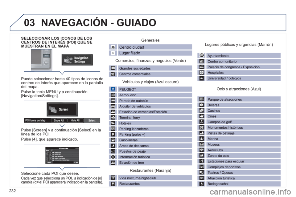 PEUGEOT 4008 2012 Manual del propietario (in Spanish) 232
03
SELECCIONAR LOS ICONOS DE LOS
CENTROS DE INTERÉS (POI) QUE SE
MUESTRAN EN EL MAPA
Puede seleccionar hasta 40 tipos de iconos de
centros de interés que aparecen en la pantalla
del map PEUGEOT 4008 2012 Manual del propietario (in Spanish) 232
03
SELECCIONAR LOS ICONOS DE LOS
CENTROS DE INTERÉS (POI) QUE SE
MUESTRAN EN EL MAPA
Puede seleccionar hasta 40 tipos de iconos de
centros de interés que aparecen en la pantalla
del map