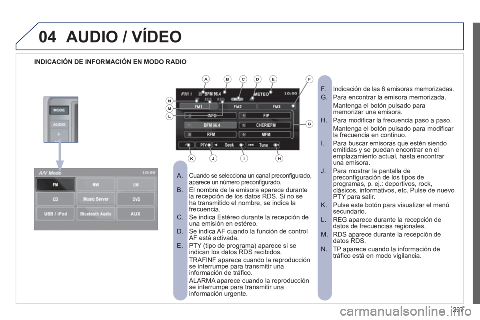 PEUGEOT 4008 2012 Manual del propietario (in Spanish) 237
04AUDIO / VÍDEO
INDICACIÓN DE INFORMACIÓN EN MODO RADIO
A.Cuando se selecciona un canal preconfigurado, aparece un número preconfigurado.El nombre de la emisora aparece durante
B. PEUGEOT 4008 2012 Manual del propietario (in Spanish) 237
04AUDIO / VÍDEO
INDICACIÓN DE INFORMACIÓN EN MODO RADIO
A.Cuando se selecciona un canal preconfigurado, aparece un número preconfigurado.El nombre de la emisora aparece durante
B.