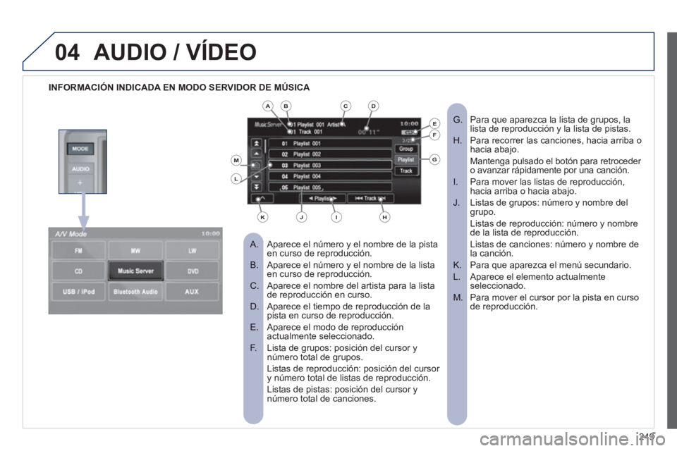 PEUGEOT 4008 2012 Manual del propietario (in Spanish) 249
04AUDIO / VÍDEO
INFORMACIÓN INDICADA EN MODO SERVIDOR DE MÚSICA
Aparece el número y el nombre de la pista
A. en curso de reproducción.
Aparece el número y el nombre de la l PEUGEOT 4008 2012 Manual del propietario (in Spanish) 249
04AUDIO / VÍDEO
INFORMACIÓN INDICADA EN MODO SERVIDOR DE MÚSICA
Aparece el número y el nombre de la pista
A. en curso de reproducción.
Aparece el número y el nombre de la l