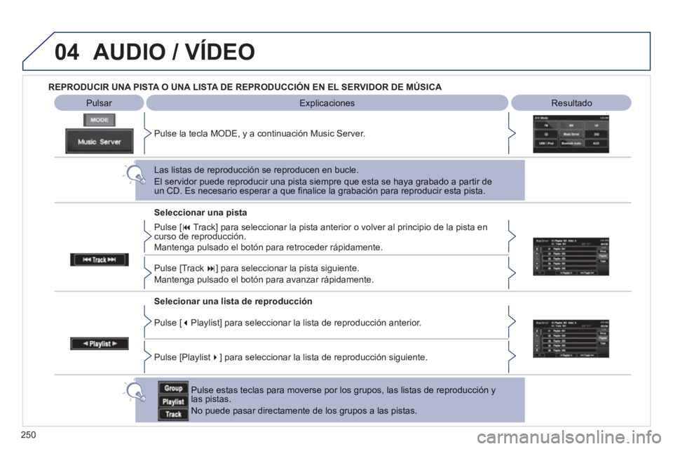 PEUGEOT 4008 2012 Manual del propietario (in Spanish) 250
04AUDIO / VÍDEO
REPRODUCIR UNA PISTA O UNA LISTA DE REPRODUCCIÓN EN EL SERVIDOR DE MÚSICA
Explicaciones
ResultadoPulsar
Pulse la tecla M
ODE, y a continuación Music Server.
Las list PEUGEOT 4008 2012 Manual del propietario (in Spanish) 250
04AUDIO / VÍDEO
REPRODUCIR UNA PISTA O UNA LISTA DE REPRODUCCIÓN EN EL SERVIDOR DE MÚSICA
Explicaciones
ResultadoPulsar
Pulse la tecla M
ODE, y a continuación Music Server.
Las list