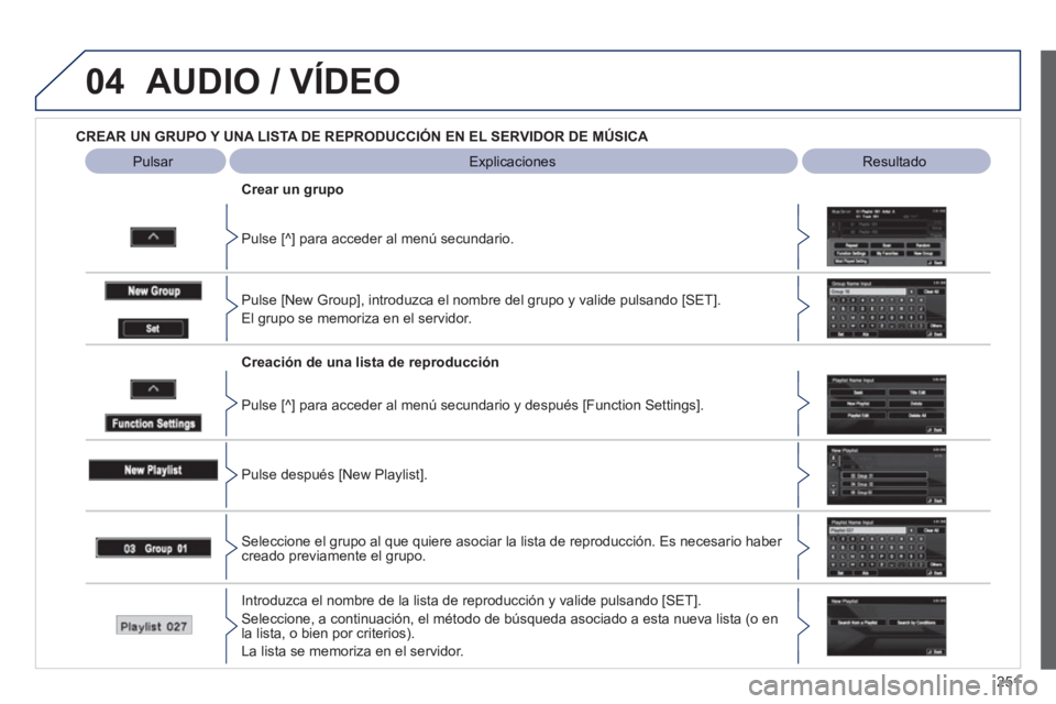 PEUGEOT 4008 2012  Manual del propietario (in Spanish) 251
04AUDIO / VÍDEO
CREAR UN GRUPO Y UNA LISTA DE REPRODUCCIÓN EN EL SERVIDOR DE MÚSICA   
Explicaciones   
 Resultado 
 
   
Pulse [
^] para acceder al menú secundario.      
Crear un 
grupo
   
