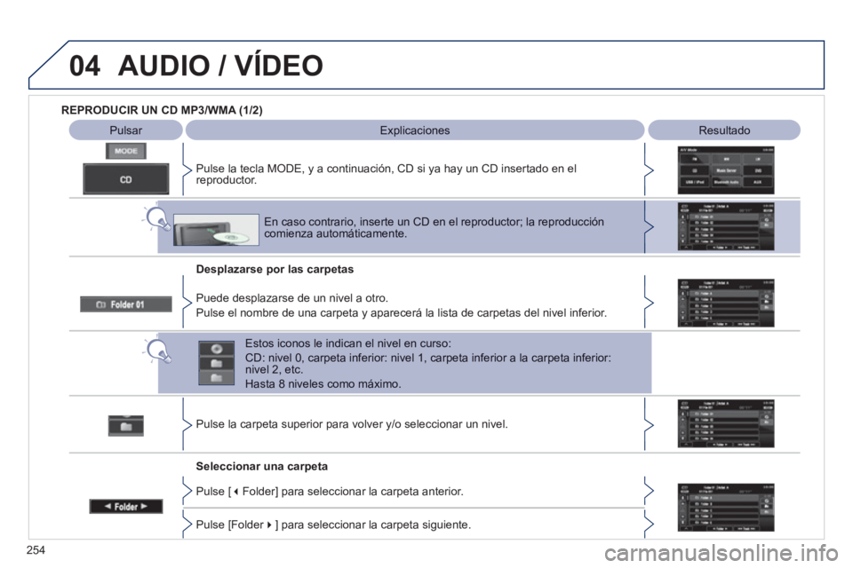PEUGEOT 4008 2012 Manual del propietario (in Spanish) 254
04AUDIO / VÍDEO
REPRODUCIR UN CD MP3/WMA (1/2)
Pulsar ExplicacionesResultado
Pulse la tecla MODE, y a continuación, CD si ya hay un CD insertado en el reproductor.
Des
plazarse por PEUGEOT 4008 2012 Manual del propietario (in Spanish) 254
04AUDIO / VÍDEO
REPRODUCIR UN CD MP3/WMA (1/2)
Pulsar ExplicacionesResultado
Pulse la tecla MODE, y a continuación, CD si ya hay un CD insertado en el reproductor.
Des
plazarse por