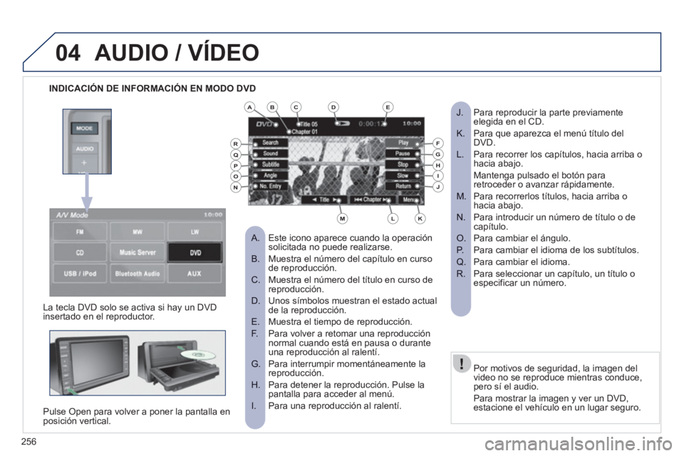 PEUGEOT 4008 2012  Manual del propietario (in Spanish) 256
04
INDICACIÓN DE INFORMACIÓN EN MODO DVD 
AUDIO / VÍDEO
   
La tecla DVD solo se activa si hay un DVD
insertado en el reproductor.
Pulse 
Open para volver a poner la pantalla en posición verti