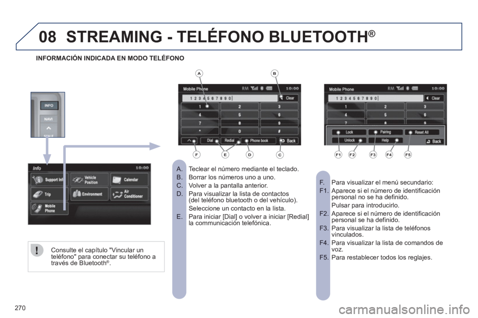 PEUGEOT 4008 2012 Manual del propietario (in Spanish) 270
08STREAMING - TELÉFONO BLUETOOTH ®
Teclear el número mediante el teclado.
A.
Borrar los números uno a uno. B.
Volver a la pantalla anterior.C.
Para visualizar la lista de contacto PEUGEOT 4008 2012 Manual del propietario (in Spanish) 270
08STREAMING - TELÉFONO BLUETOOTH ®
Teclear el número mediante el teclado.
A.
Borrar los números uno a uno. B.
Volver a la pantalla anterior.C.
Para visualizar la lista de contacto
