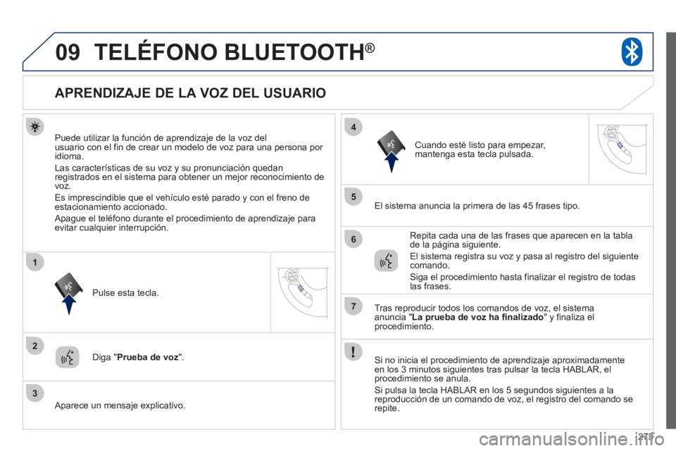 PEUGEOT 4008 2012 Manual del propietario (in Spanish) 273
09
2
3
1
4
5
6
7
TELÉFONO BLUETOOTH®
APRENDIZAJE DE LA VOZ DEL USUARIO
Puede utilizar la función de aprendizaje de la voz delusuario con el fin de crear un model PEUGEOT 4008 2012 Manual del propietario (in Spanish) 273
09
2
3
1
4
5
6
7
TELÉFONO BLUETOOTH®
APRENDIZAJE DE LA VOZ DEL USUARIO
Puede utilizar la función de aprendizaje de la voz delusuario con el fin de crear un model