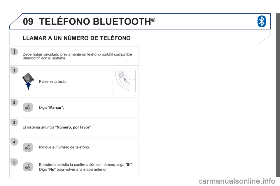 PEUGEOT 4008 2012 Manual del propietario (in Spanish) 277
09
2
3
1
4
5
TELÉFONO BLUETOOTH®
Diga "Marcar".r
El sistema anuncia "Número, por favor". r
LLAMAR A UN NÚMERO DE TELÉFONO
Indique el número PEUGEOT 4008 2012 Manual del propietario (in Spanish) 277
09
2
3
1
4
5
TELÉFONO BLUETOOTH®
Diga "Marcar".r
El sistema anuncia "Número, por favor". r
LLAMAR A UN NÚMERO DE TELÉFONO
Indique el número