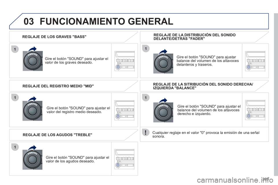 PEUGEOT 4008 2012 Manual del propietario (in Spanish) 289
1
03
1
1
1
1
REGLAJE DE LOS GRAVES "BASS"
Gire el botón "SOUND" para ajustar el
valor de los graves deseado.
FUNCIONAMIENTO GENERAL
Gire el botón "SOUND" para ajustar el
valor del regi PEUGEOT 4008 2012 Manual del propietario (in Spanish) 289
1
03
1
1
1
1
REGLAJE DE LOS GRAVES "BASS"
Gire el botón "SOUND" para ajustar el
valor de los graves deseado.
FUNCIONAMIENTO GENERAL
Gire el botón "SOUND" para ajustar el
valor del regi