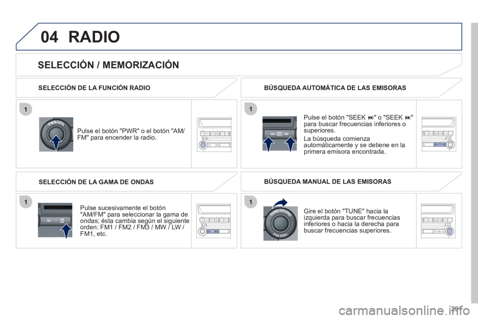 PEUGEOT 4008 2012 Manual del propietario (in Spanish) 291
04
1
11
1
RADIO
SELECCIÓN DE LA FUNCIÓN RADIO
Pulse el botón "PWR" o el botón "AM
/FM" para encender la radio.
P
ulse sucesivamente el botón "AM/FM" para seleccionar la gama de
onda PEUGEOT 4008 2012 Manual del propietario (in Spanish) 291
04
1
11
1
RADIO
SELECCIÓN DE LA FUNCIÓN RADIO
Pulse el botón "PWR" o el botón "AM
/FM" para encender la radio.
P
ulse sucesivamente el botón "AM/FM" para seleccionar la gama de
onda