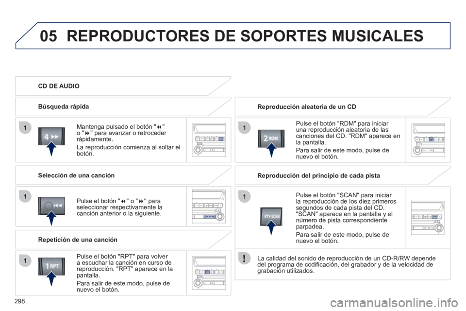 PEUGEOT 4008 2012 Manual del propietario (in Spanish) 298
05
11
1
1
1
REPRODUCTORES DE SOPORTES MUSICALES
Reproducción aleatoria de un CD
Pulse el botón "RDM" para iniciar
una reproducción aleatoria de las canciones del CD. "RDM" aparece en l PEUGEOT 4008 2012 Manual del propietario (in Spanish) 298
05
11
1
1
1
REPRODUCTORES DE SOPORTES MUSICALES
Reproducción aleatoria de un CD
Pulse el botón "RDM" para iniciar
una reproducción aleatoria de las canciones del CD. "RDM" aparece en l