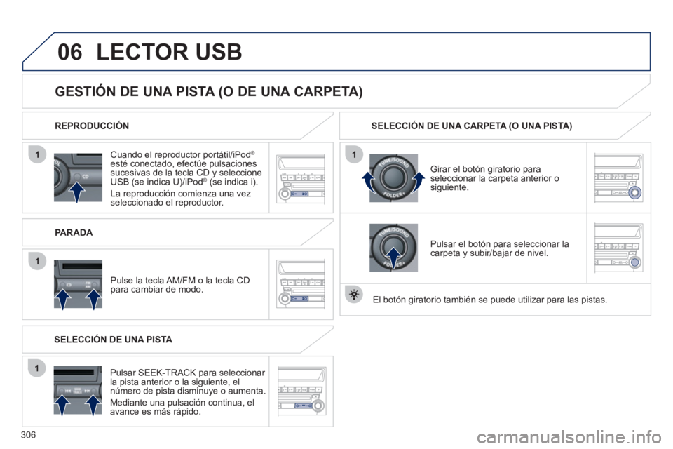 PEUGEOT 4008 2012 Manual del propietario (in Spanish) 306
06
1
1
1
1
Cuando el reproductor portátil/iPod®
esté conectado, efectúe pulsacionessucesivas de la tecla CD y seleccione
USB (se indica U)/iPod®(se indica i).
La reproducción comienza un PEUGEOT 4008 2012 Manual del propietario (in Spanish) 306
06
1
1
1
1
Cuando el reproductor portátil/iPod®
esté conectado, efectúe pulsacionessucesivas de la tecla CD y seleccione
USB (se indica U)/iPod®(se indica i).
La reproducción comienza un