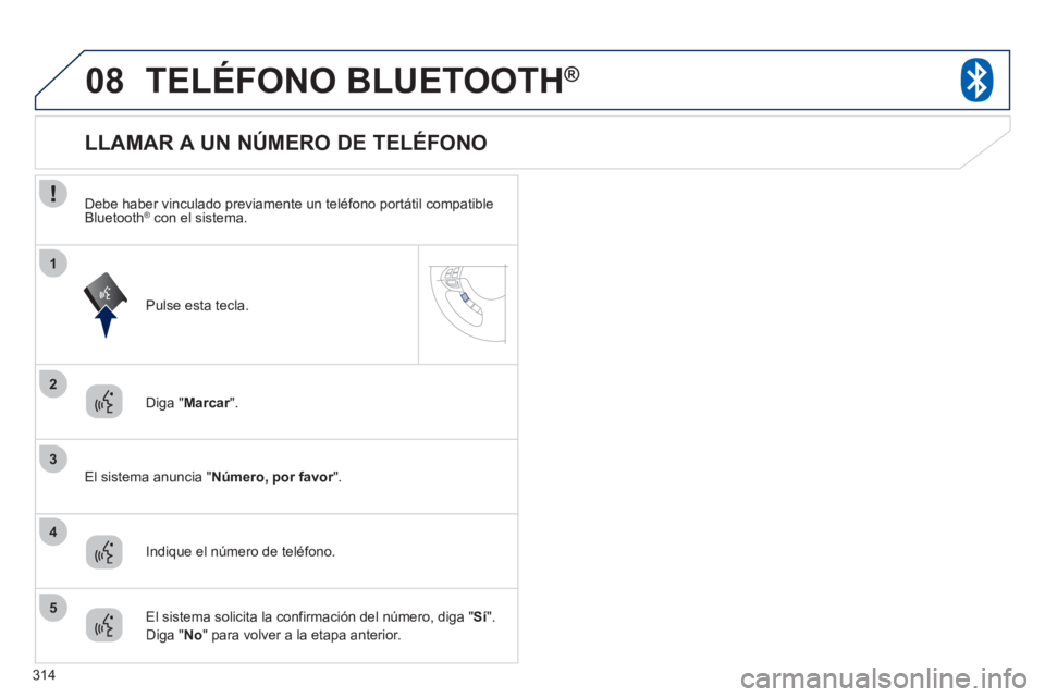 PEUGEOT 4008 2012 Manual del propietario (in Spanish) 314
08
2
3
1
4
5
TELÉFONO BLUETOOTH®
Diga "Marcar".r
El sistema anuncia "Número, por favor". r
LLAMAR A UN NÚMERO DE TELÉFONO
Indique el número PEUGEOT 4008 2012 Manual del propietario (in Spanish) 314
08
2
3
1
4
5
TELÉFONO BLUETOOTH®
Diga "Marcar".r
El sistema anuncia "Número, por favor". r
LLAMAR A UN NÚMERO DE TELÉFONO
Indique el número