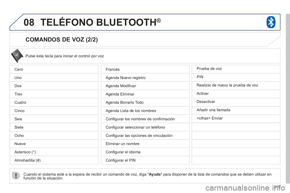 PEUGEOT 4008 2012 Manual del propietario (in Spanish) 319
08TELÉFONO BLUETOOTH®
COMANDOS DE VOZ (2/2)
Pulse esta tecla para iniciar el control por voz
Cuando el sistema esté a la espera de recibir un comando de voz, di
ga "Ayuda" para disponer PEUGEOT 4008 2012 Manual del propietario (in Spanish) 319
08TELÉFONO BLUETOOTH®
COMANDOS DE VOZ (2/2)
Pulse esta tecla para iniciar el control por voz
Cuando el sistema esté a la espera de recibir un comando de voz, di
ga "Ayuda" para disponer