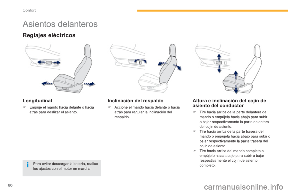 PEUGEOT 4008 2012  Manual del propietario (in Spanish) 80
Confort
   
 
 
 
 
 
 
 
 
 
 
Asientos delanteros 
Reglajes eléctricos
Longitudinal 
�)Empuje el mando hacia delante o haciaatrás para deslizar el asiento.
 
 
Inclinación del respaldo 
�) 
 A